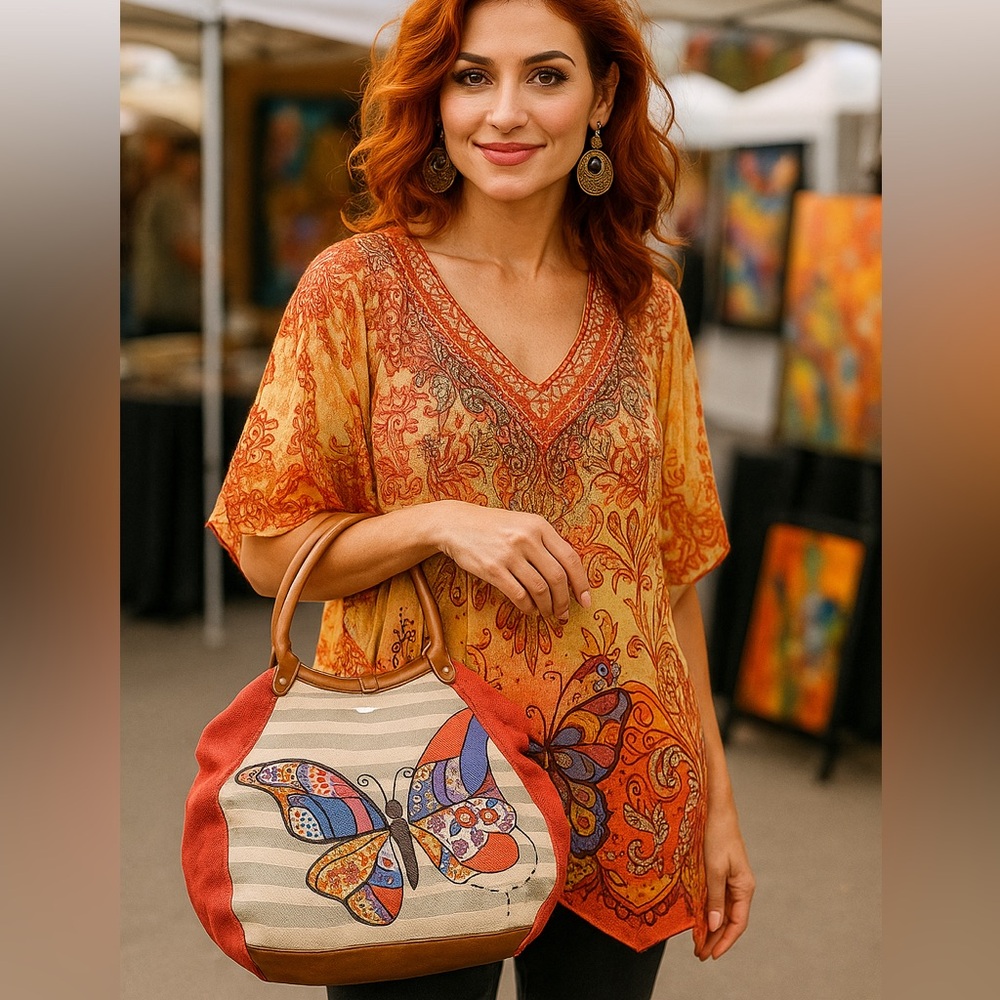 Teagan Ring Handle Butterfly Tan Canvas
Tote Purse Handbag